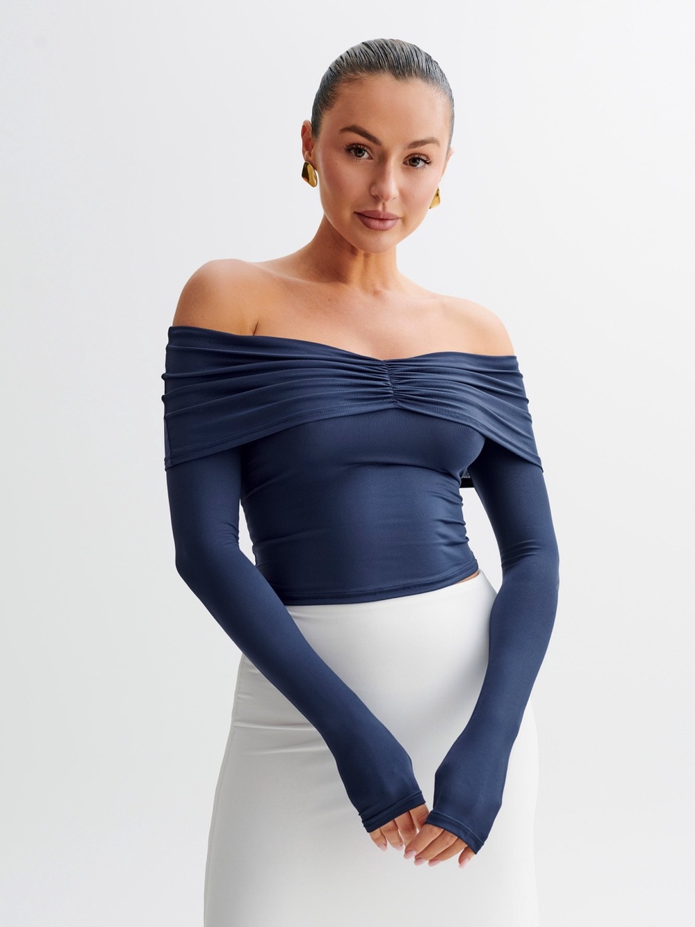 Meshki Navy Blue Off-Shoulder Top